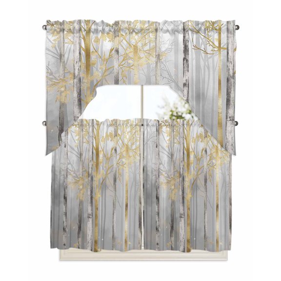 Golden Grey Tree Kitchen Curtains Swag Valance and Tier Curtains Set 36 Inch Length, Oil Painting Forest Abstract Art Rod Pocket Drape Panels Pair Swag Curtains for Bathroom/Cafe/Window