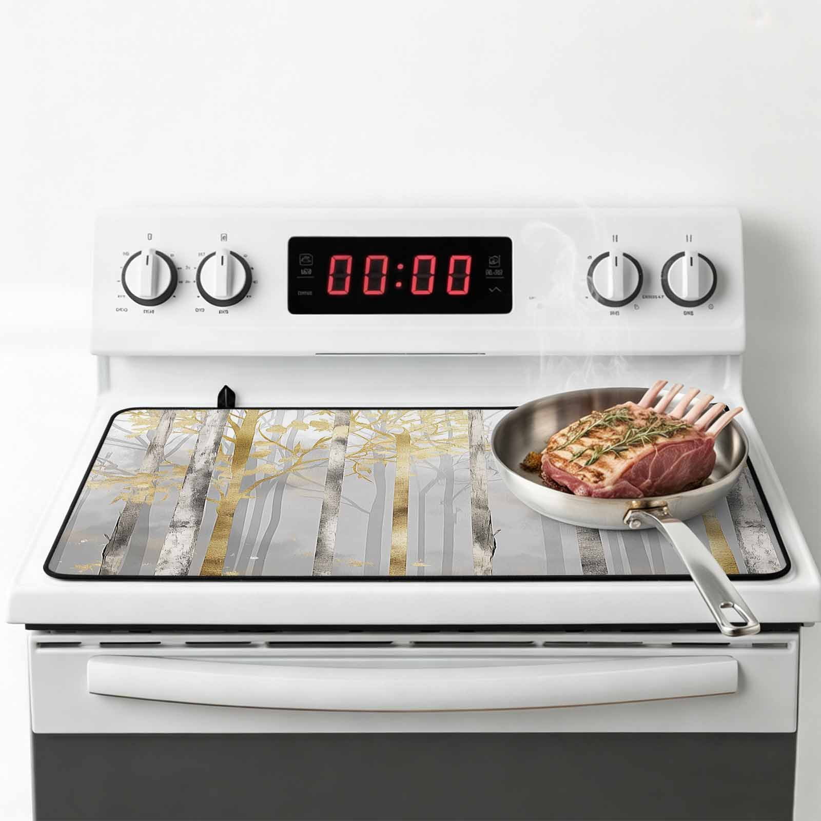 Golden Grey Tree Stove Top Cover for Electric Stove, Heat-proof & Non Slip Glass Top Stove Cover Protector, Oil Painting Forest Abstract Art Kitchen Flat Cooktop Rubber Mat 24x21 Inches