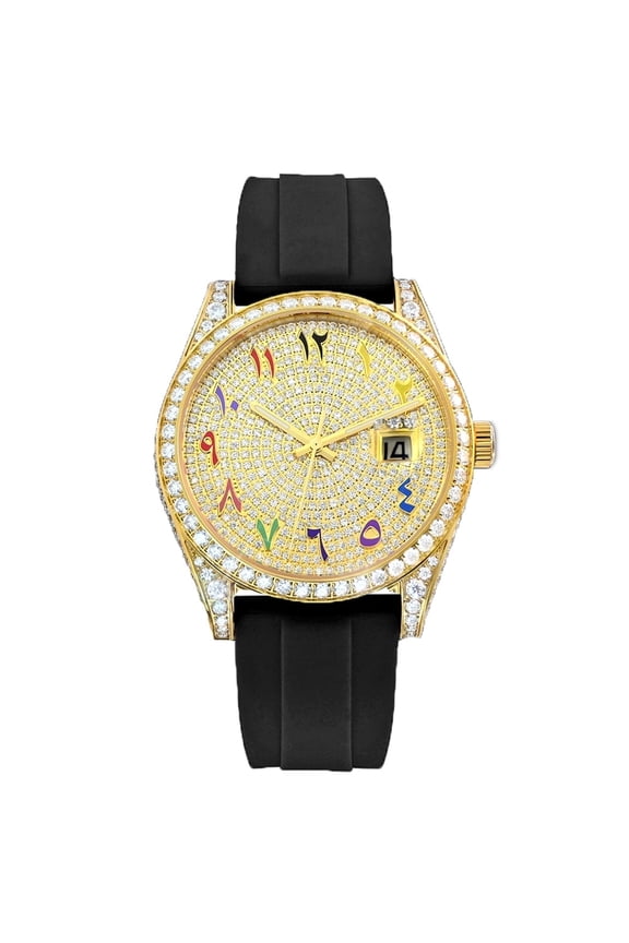 8.5CT Golden Half Iced Out Moissanite Watch, Collection of 647 D Color Moissanite Stones,Mechanical Wristwatch with Multi-Color Rubber Strap,Date Dial