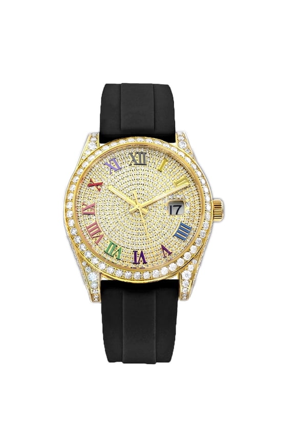 8.5CT Golden Half Iced Out Moissanite Watch, Collection of 647 D Color Moissanite Stones,Mechanical Wristwatch with Multi-Color Rubber Strap,Date Dial