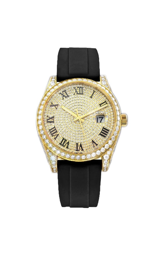 Golden Half Iced Out Moissanite Watch, Mechanical Wristwatch with Multi-Color Rubber Strap,Date Dial