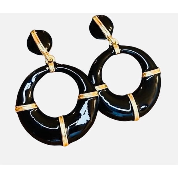 RubyLee Elegance Circular Drop Black Gold Fashion for Women Earrings, Stainless Steel, Includes Jewelry Pouch, 2 in, 2 Pack