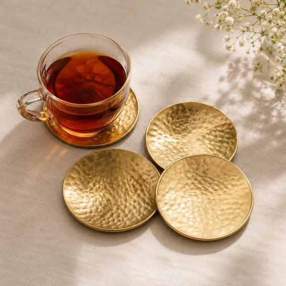 Golden Hammered Pure Brass Coaster Set, 4 Count