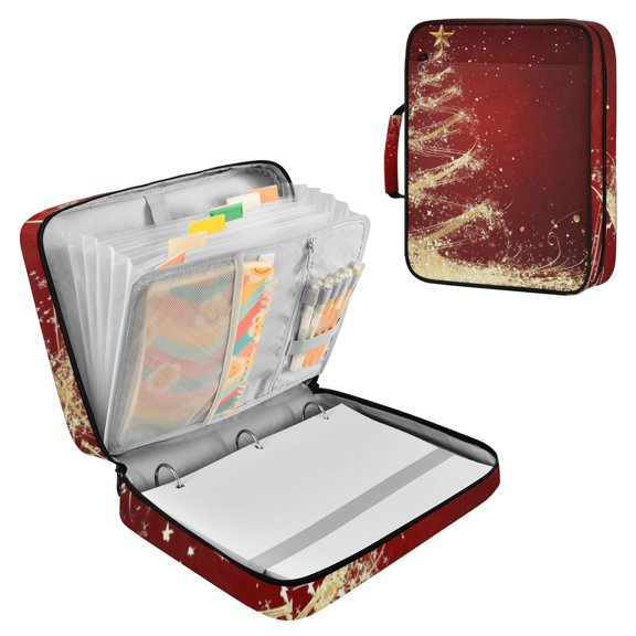 Golden Hand Painted Christmas Tree Accordion File Organizer Expanding File Folder 3-Ring Binder Bag 500 Sheets A4 Size