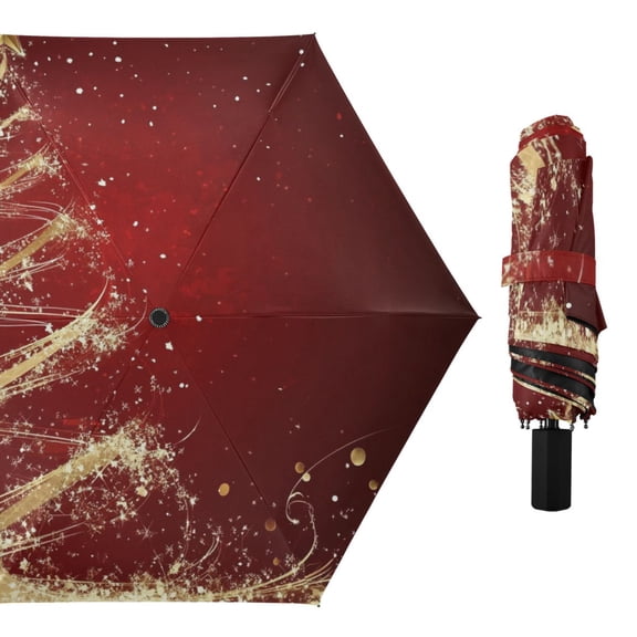 Golden Hand Painted Christmas Tree All Weather Umbrella Triple Folding Parasol 6 Ribs UV Protection Portable