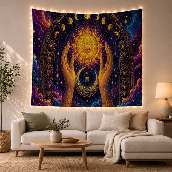 Golden Hands with Sun Mandala and Crescent Moon in Nebula Clouds, Mystical Celestial for Zodiac Lovers, Spiritual Wall Art Decor, Birthday Gift, Tapestry Wall Hanging for Bedroom and Living Room