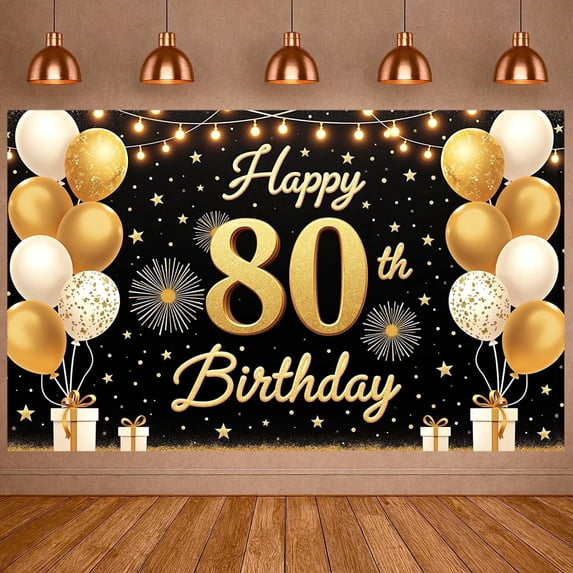 Golden Happy 80th Banner Glittery 80th Celebration Backdrop Balloons Fireworks Luxury Birthday Background for 80th Birthday Party Milestone Event Indoor Decoration