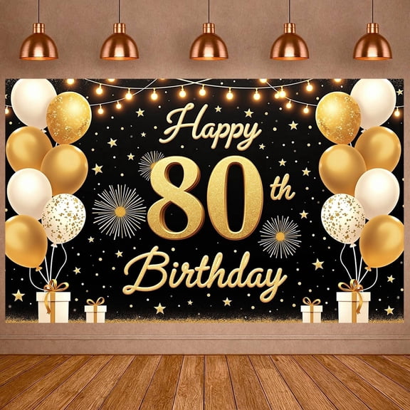 Golden Happy 80th Banner Glittery 80th Celebration Backdrop Balloons Fireworks Luxury Birthday Background for 80th Birthday Party Milestone Event Indoor Decoration