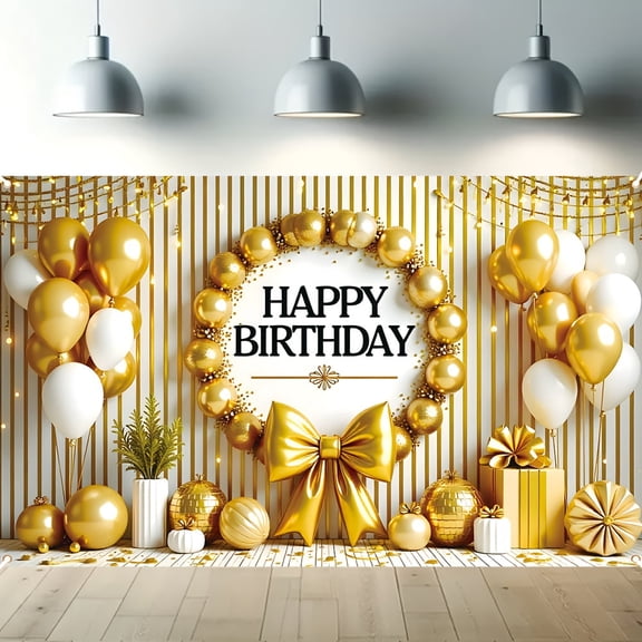 Golden Happy Birthday Backdrop Gold White Stripes Photography Background for Kids Adults Wreath Balloon Theme Birthday Party Baby Shower Decorations Supplies