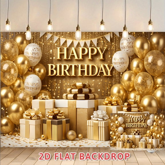 Golden Happy Birthday Backdrop, Luxury Glittery Party Decor for Birthday Banquets, Photography, Adult Birthday Celebrations, Sparkly Photo Booth Background with Balloons and Gift Designs