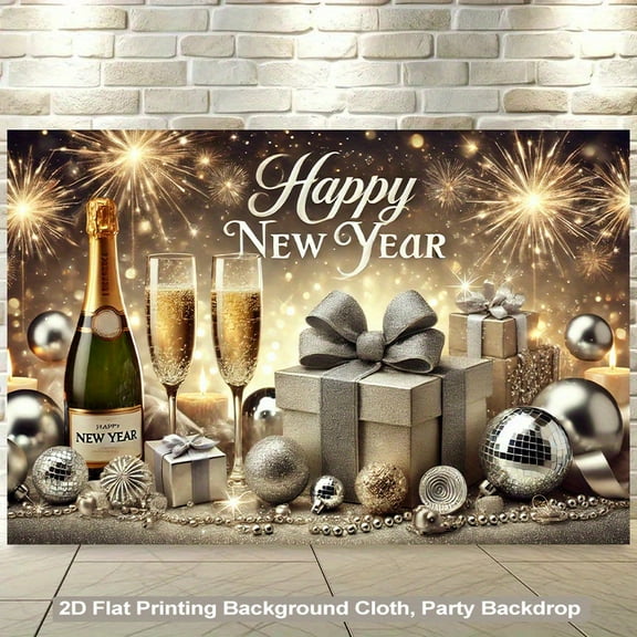 Golden Happy New Year Backdrop Fireworks Champagne New Year Photography Background Silver Disco Ball New Year Eve Party Decorations Banner Supplies Photo Booth Props