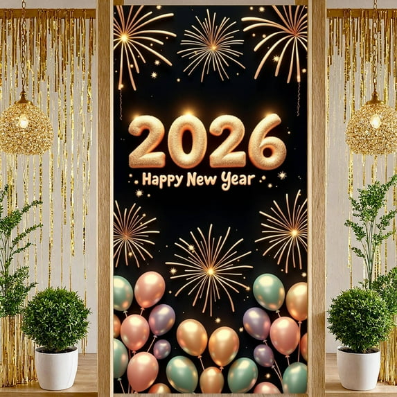 Golden Happy New Year Banner Firework Decor 2026 New Year Display Colorful Balloons Shiny Stars New Year Backdrop for New Year Party New Year's Eve Celebration Family Gathering