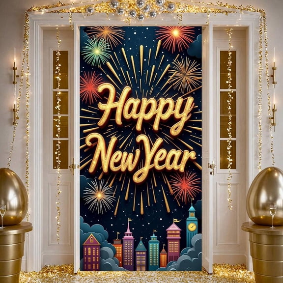 Golden Happy New Year Banner Fireworks Design New Year Banner Cityscape Pattern Dark Background Celebration Banner for New Year Party Holiday Celebration Eve Gathering