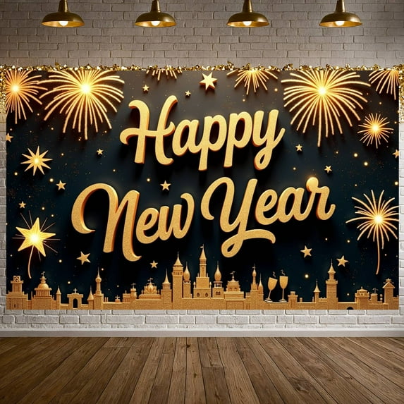 Golden Happy New Year Banner Fireworks Festive Backdrop Stars Sparkling Holiday Background for New Year Party Holiday Celebration Indoor Decoration