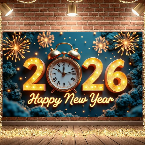 Golden Happy New Year Banner Sparkling Fireworks 2026 New Year Display Illuminated Numbers Shiny Decoration New Year Backdrop for New Year Party Holiday Celebration Indoor Decoration