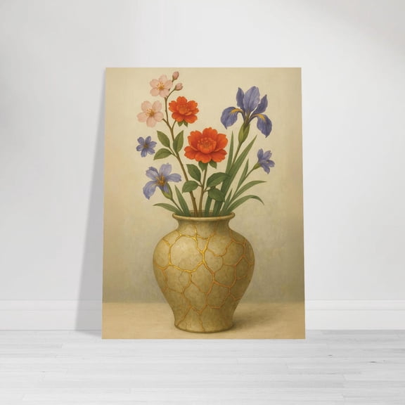 Golden Harmony Vase Wall Art Japanese Kintsugi Floral Poster Art, Unframed Paper Poster 11x14in