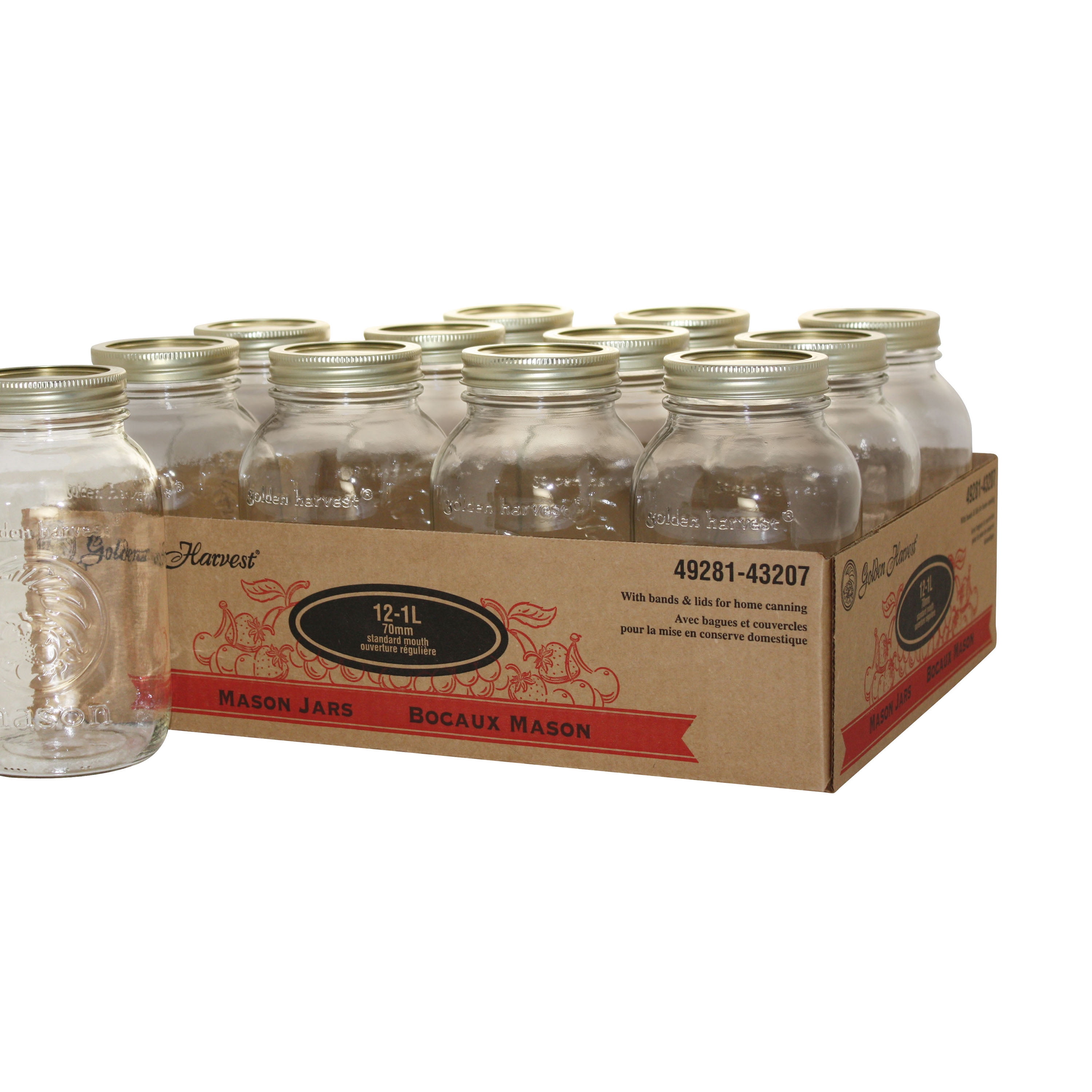 Golden Harvest 1Liter Glass Mason Jars, 12 Pack