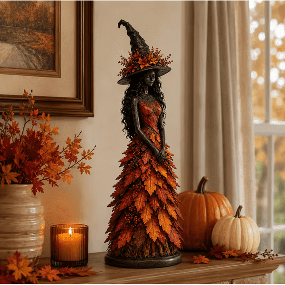 Golden Harvest - Enchanted Autumn Witch Figurine,Hand-Painted Resin Fall Witch Figurine with Floral Witch Hat for Indoor Autumn and Halloween Tabletop Hobby Display,Saffron,L