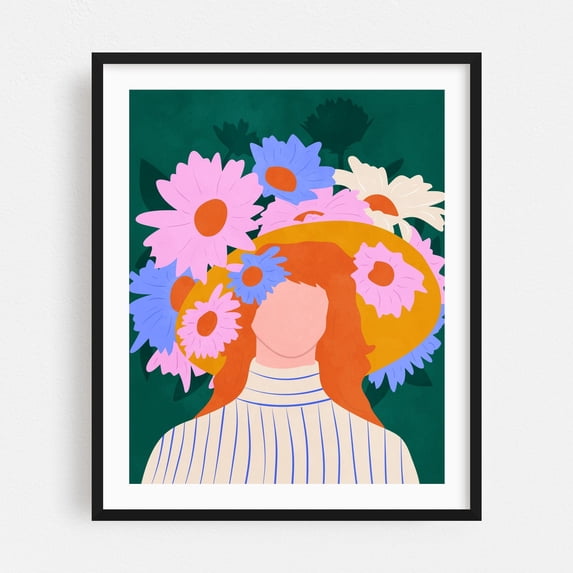 Golden Hat & Wildflowers - Illustration Floral Portrait Modern Art Surrealism Botanical Abstract Black Framed Wall Art Print 8 x 10 inches
