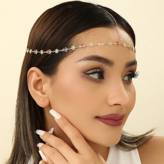 Golden Headpiece Hair Chain Colourful Bellis Perennis and Butterfly Bead Head Chain Jewelry Bride Party Festival Birthday Gift For Women and Girls