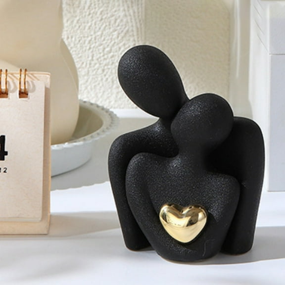 Golden Heart Abstract Couple Statue | Ceramic Modern Art Figurines for Wine Cabinet, Mantel, Shelf | Home Decor Ornament, Multicolor & White, 2-Piece Set, 11.8x9.3cm, 9x6.8cm