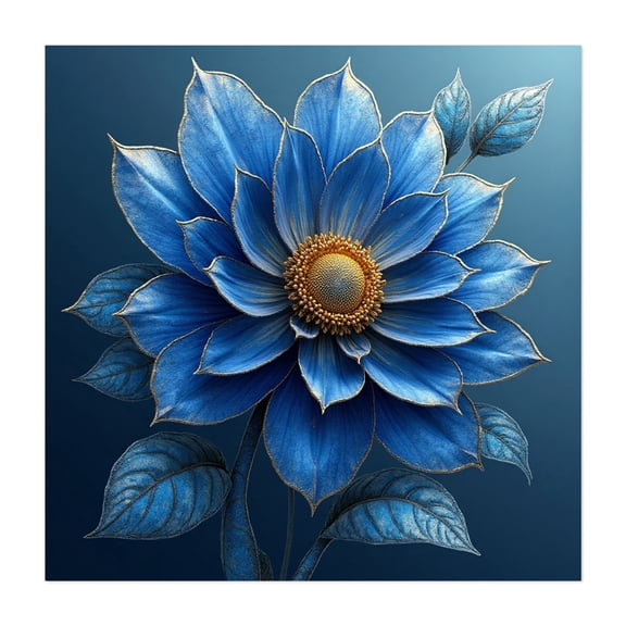 The Golden Heart of Midnight: A Majestic Blue Flower with Intricate Gilded Details - Painting Floral Flowers Botanical Nature Modern Art Art Deco Surrealism Unframed Wall Art Print 6 x 6 inches
