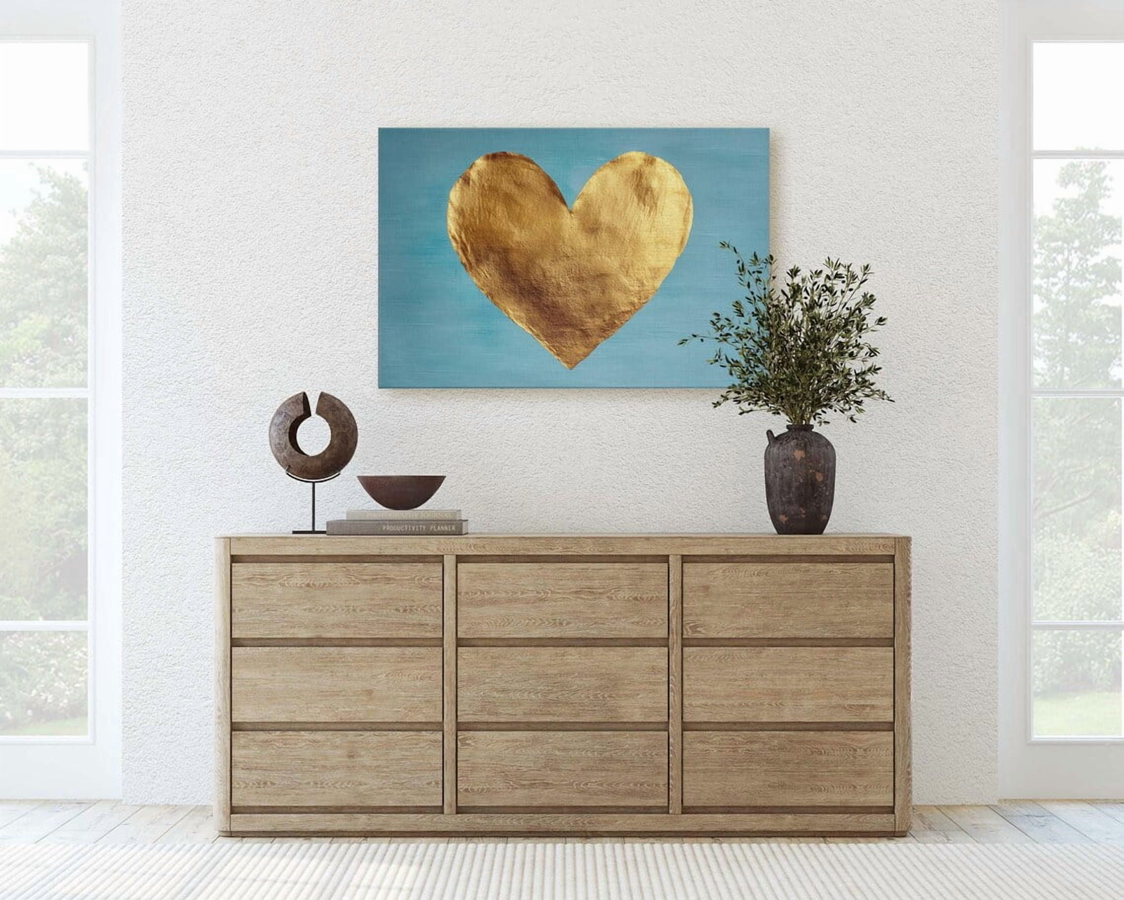 Golden Heart Wall Art Print, Minimalist Blue Background And Romantic ...