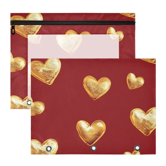 Golden Hearts on Red Background 3-Ring Binder Pouches A4 Size Zipper Pocket File Storage 2 Packs