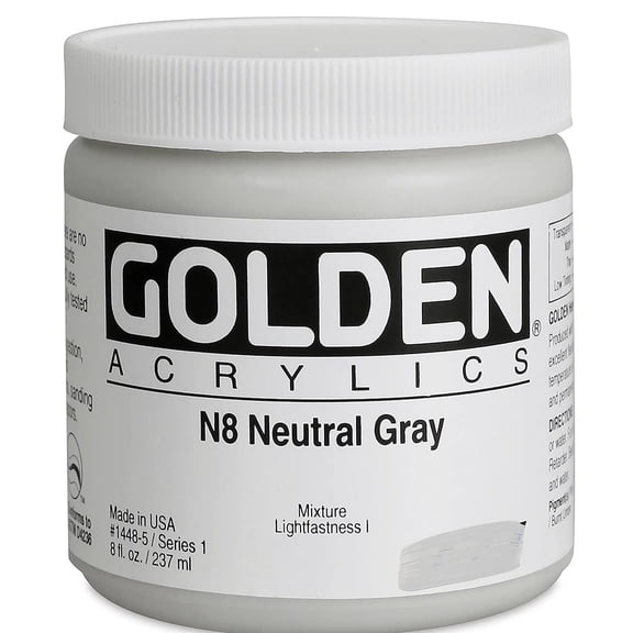 Heavy Body Acrylics by GOLDEN, N8 Neutral Gray, 8 fl. oz. Jar, Professional Acrylic Paint, Opaque