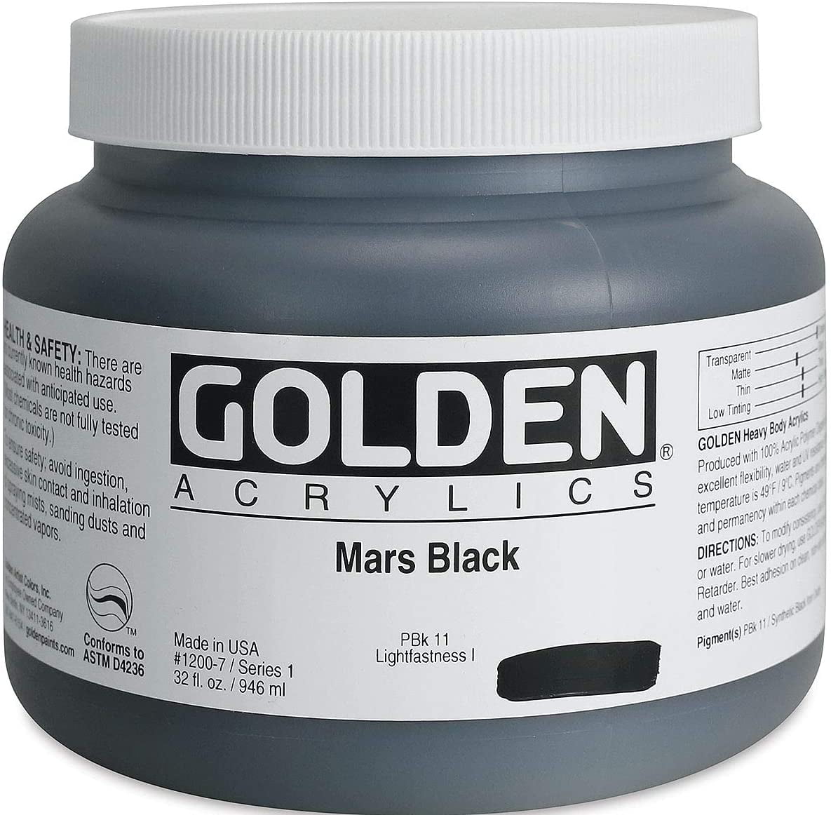 Golden Heavy Body Artist Acrylics - Mars Black, 32 oz Jar
