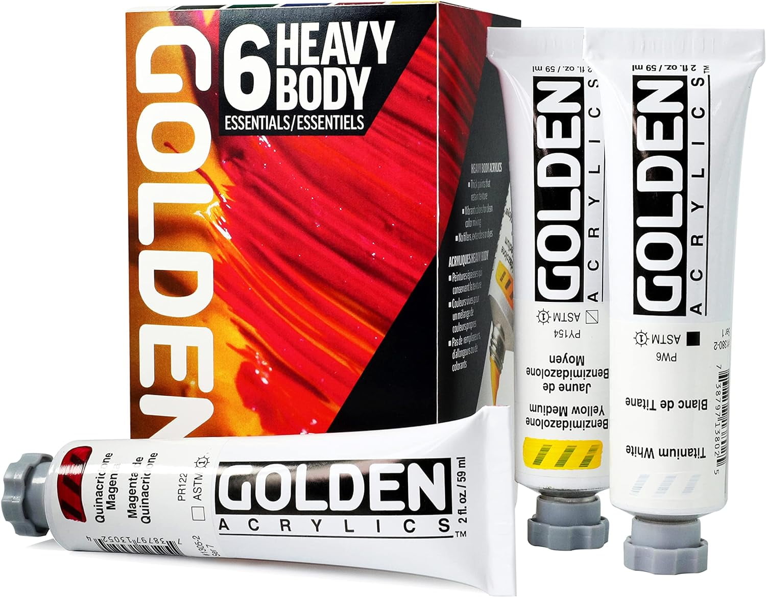 Golden Heavy Body Artist Acrylic Set - Set of 6, Essential Colors, 59 ml Tubes