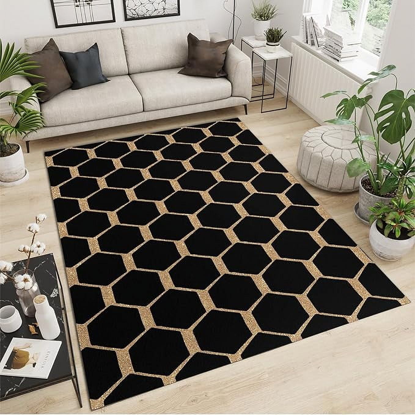 Golden Hexagon Pattern Area Rug, Black And Gold Geometric Background ...