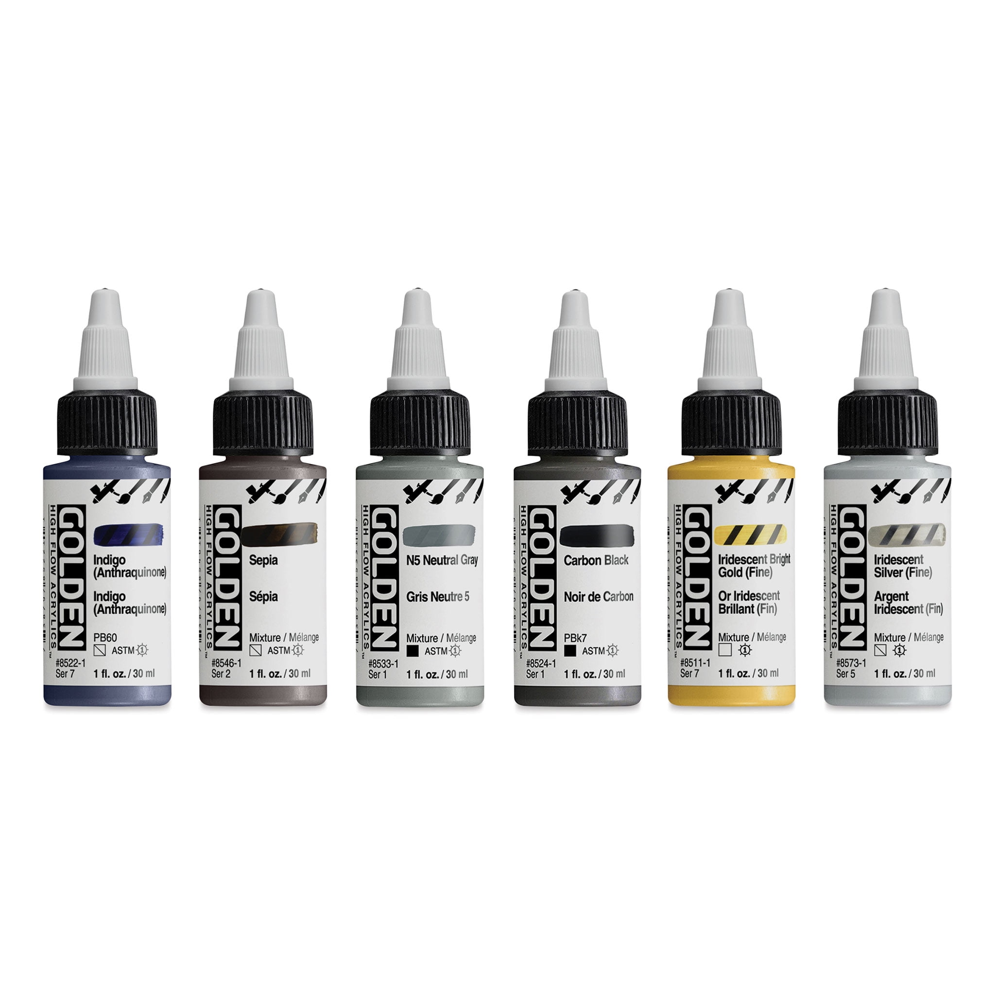 Golden High Flow Acrylics - Drawing and Lettering Set of 6, Assorted Colors, 30 ml Bottles