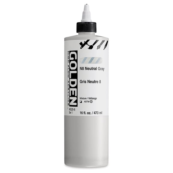 GOLDEN High Flow Acrylics, N8 Neutral Gray, 16 fl. oz. Bottle, Professional Acrylic Paint, Semi-Opaque