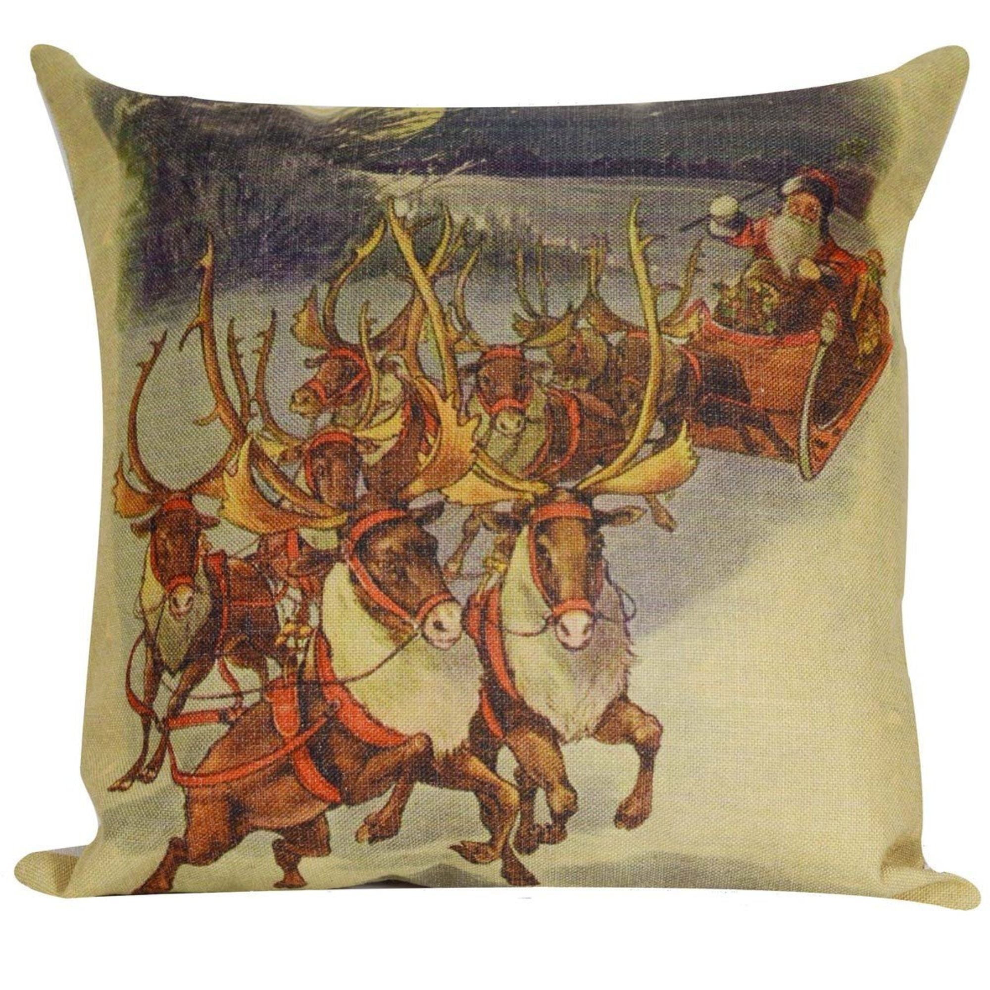 Vintage Santa Claus with Reindeer Christmas Throw Pillow