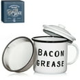 thumbnail image 1 of Golden Hills Mercantile Bacon Grease Container with mesh strainer - rustic mid-century modern farmhouse design, white enamel on metal, 4 inch x 4 inch vintage enamelware with lid (Black), 1 of 7