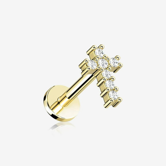 Golden Holy Cross Sparkle Top Internally Threaded Steel Flat Back Stud Labret