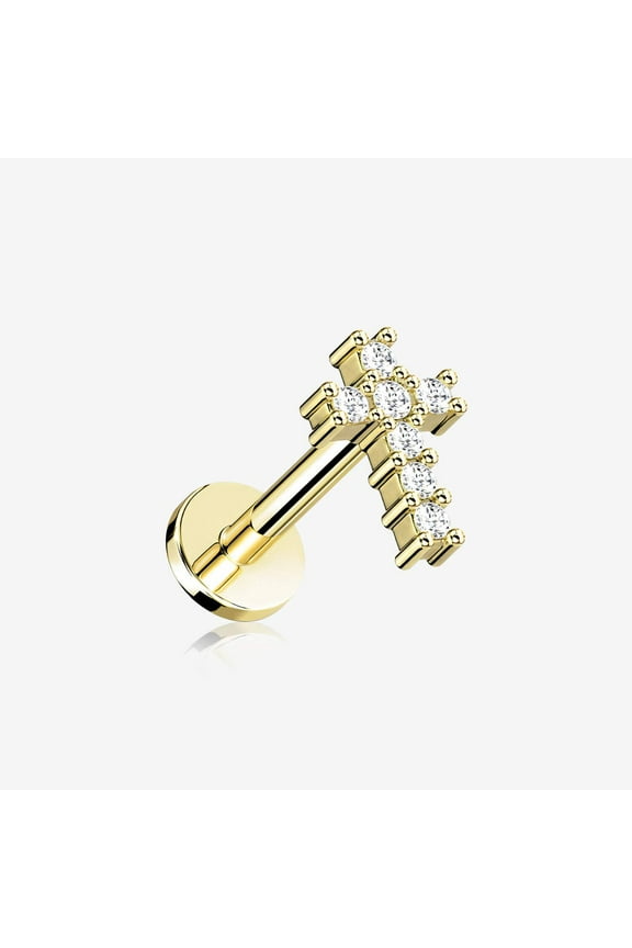 Golden Holy Cross Sparkle Top Internally Threaded Steel Flat Back Stud Labret