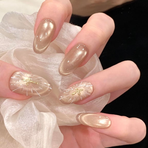 [Golden Holy Light] Advanced Sensing Croft Heart Pure Handmade Wear Nail Long Wholesale Nail Patch Fake Nails