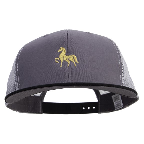 Golden Horse Logo Embroidered Big Size Premium Flat Bill Trucker Cap - Black Charcoal XL-3XL