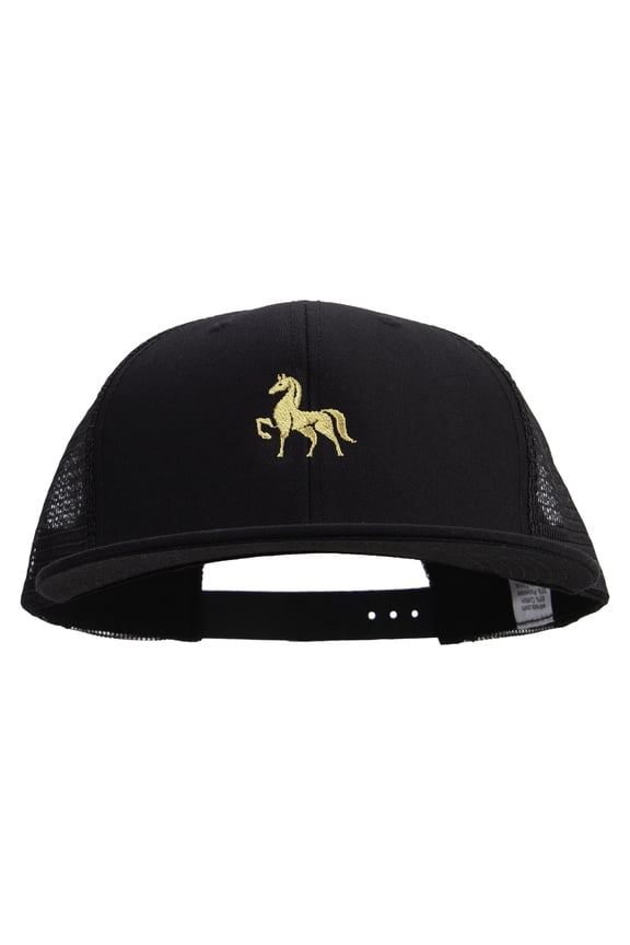 Golden Horse Logo Embroidered Big Size Premium Flat Bill Trucker Cap - Black XL-3XL