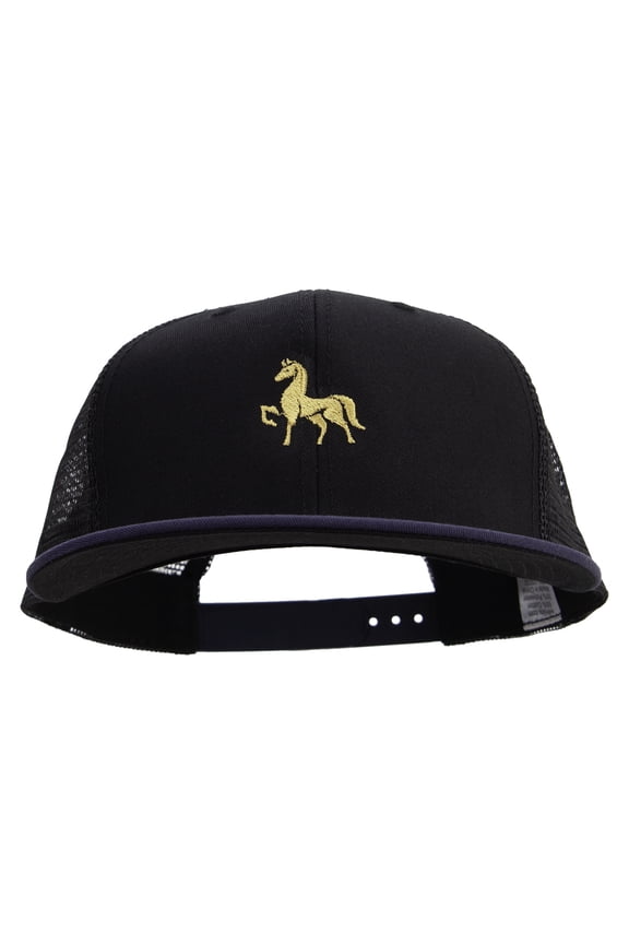 Golden Horse Logo Embroidered Big Size Premium Flat Bill Trucker Cap - Navy Black XL-3XL