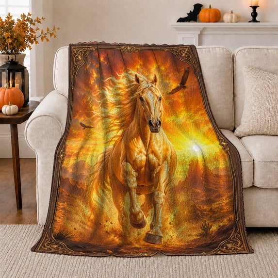 Golden Horse Running Through Desert Sunset with Flying Birds, Dramatic Western Equestrian Style for Horse Lovers, Warm Flannel Blanket for Cabin and Bedroom, Birthday Gift, Home Decor