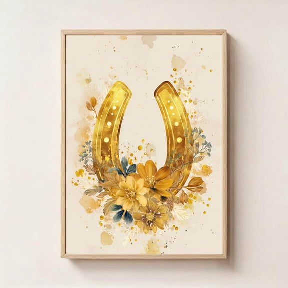 Golden Horseshoe Wall Art Luck Prosperity Protection Symbol, Unframed Paper Poster 8x10in