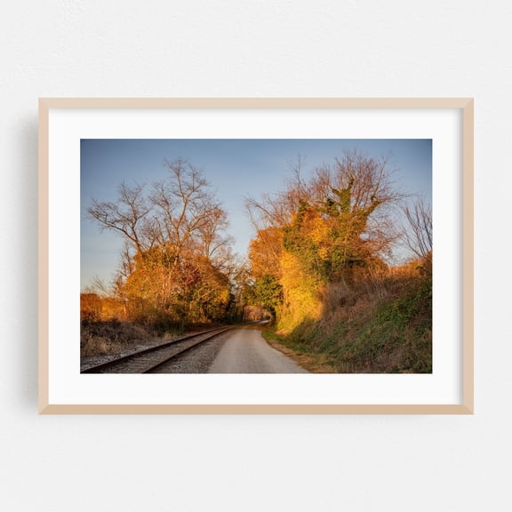 The Golden Hour Along the Rail Trail - Seven Valleys Pennsylvania Photography Autumn Railroad Nature Landscape Scenic Rural Woodland Oak Framed Wall Art Print 5 x 7 inches