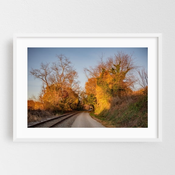 The Golden Hour Along the Rail Trail - Seven Valleys Pennsylvania Photography Autumn Railroad Nature Landscape Scenic Rural Woodland White Framed Wall Art Print 5 x 7 inches