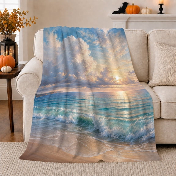 Golden Hour Beach Seascape Serene Waves Sand Photorealistic, Cozy Friendship Quote Scene, Warm Flannel Blanket for Living Room and Reading Nook, Art Lovers Thank You Gift, Artistic Home Decor