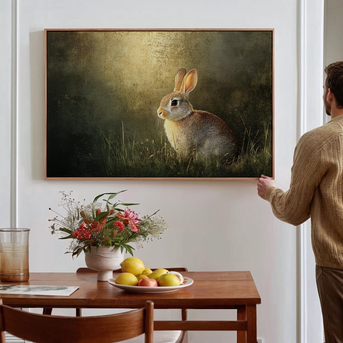 Golden Hour Bunny Art - Elegant Rustic Wildlife Wall Decor, Serene ...