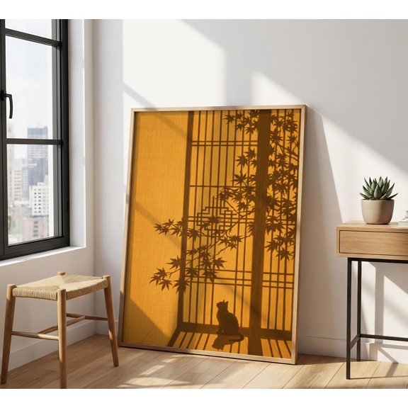 Golden Hour Cat Print , Window Shadow Wall Art, Japandi Shoji Decor, Warm Amber Aesthetic, Feline Silhouette Poster, Minimalist Pet Gift , Poster Print Only