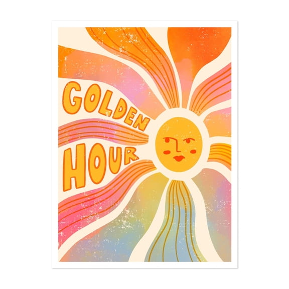 Golden Hour - Illustration Psychedelic Vintage Retro Quote Summer Boho Unframed Wall Art Print 5 x 7 inches